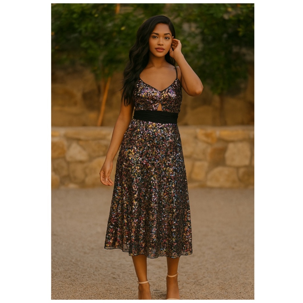 LDT Black Multicolor Cutout Sequined Midi Slip Dress Size 4 NWT